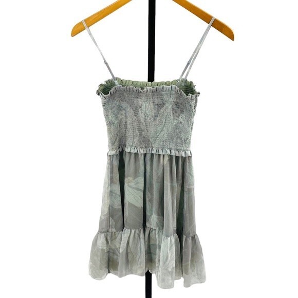 Aritzia Wilfred Size XXS Catamaran‎ Ruffle Mini Dress Silver Sage Green Coquette - Picture 8 of 9